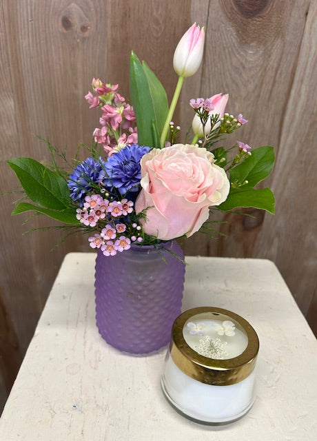 Hobnail Vase Arrangement with Rosy Ring Candle