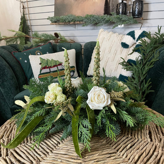 Christmas Tree Taper with Flowers Centerpiece